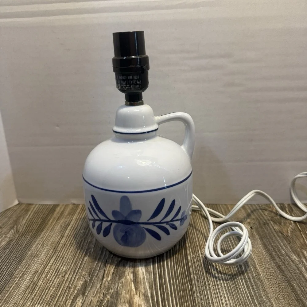 Vintage Blue and White Simple Jug Lamp } Floral Blue Table Lamp